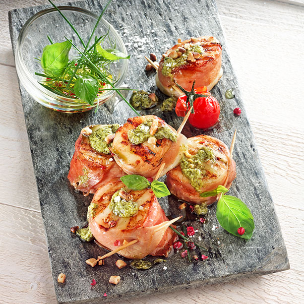 Prosciutto wrapped  scallops with basil pesto